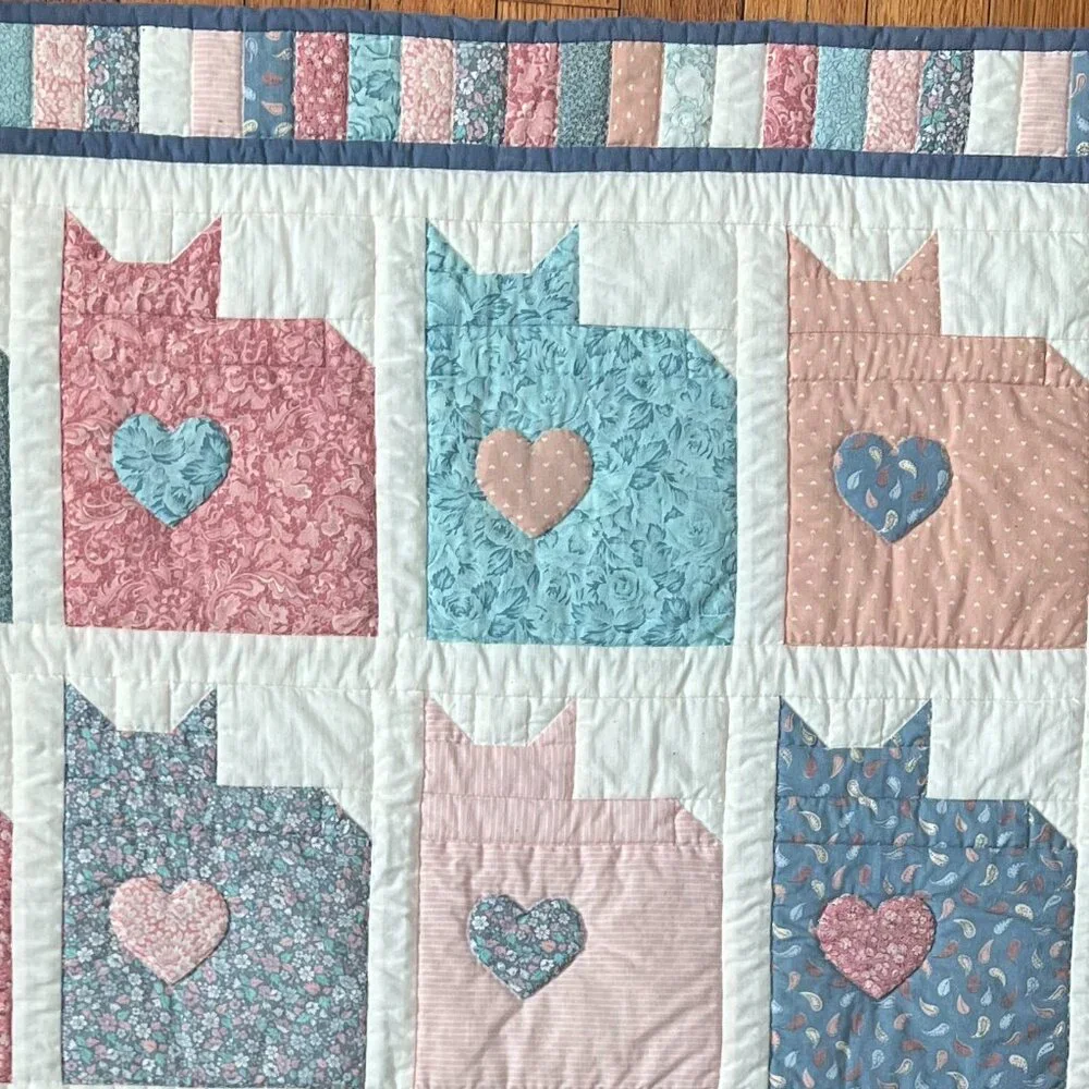 Handmade Hand-Quilted Cozy Cat Baby Quilt / Lap Blanket / Wall Hanging ~ Kittens - Picture 2 of 16